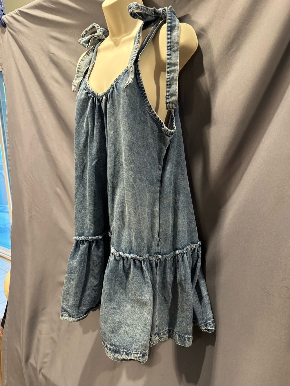 Denim Dress for Women Tie Shoulder Sleeveless Denim Mini Dress Casual Flowy - Picture 8 of 11